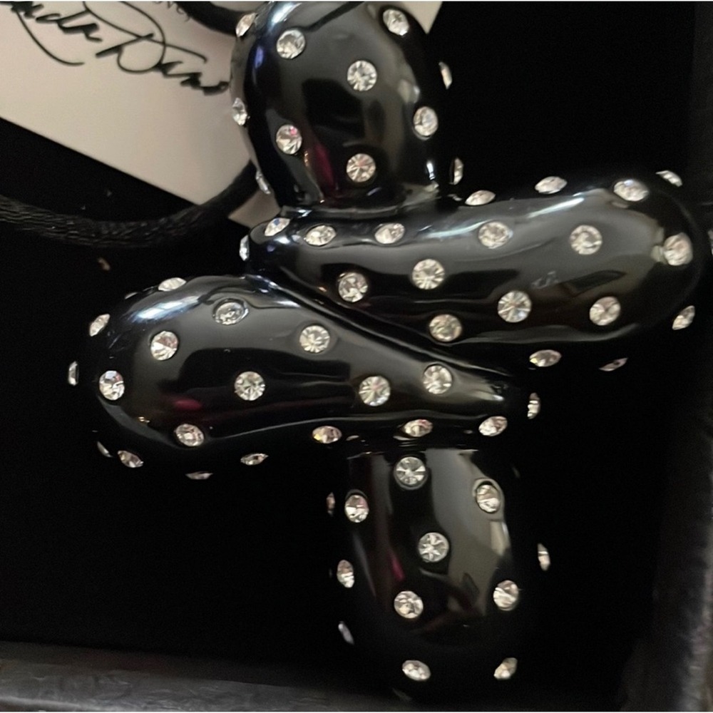 Linda Dano Black Resin Rhinestone Cross Pendant Necklace‎ with Box